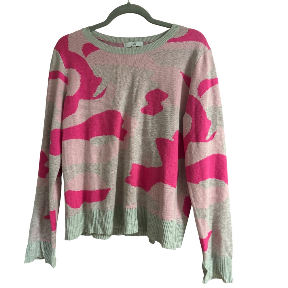 Fate Womens Pink Grey Camo Knit Crewneck Sweater Medium Long Sleeve